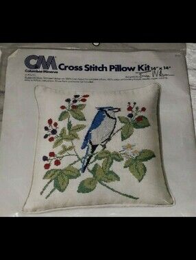 MCM 1977 Columbia Minerva Erica Wilson "Bluebird Pillow" Cross-Stitch Pillow Kit